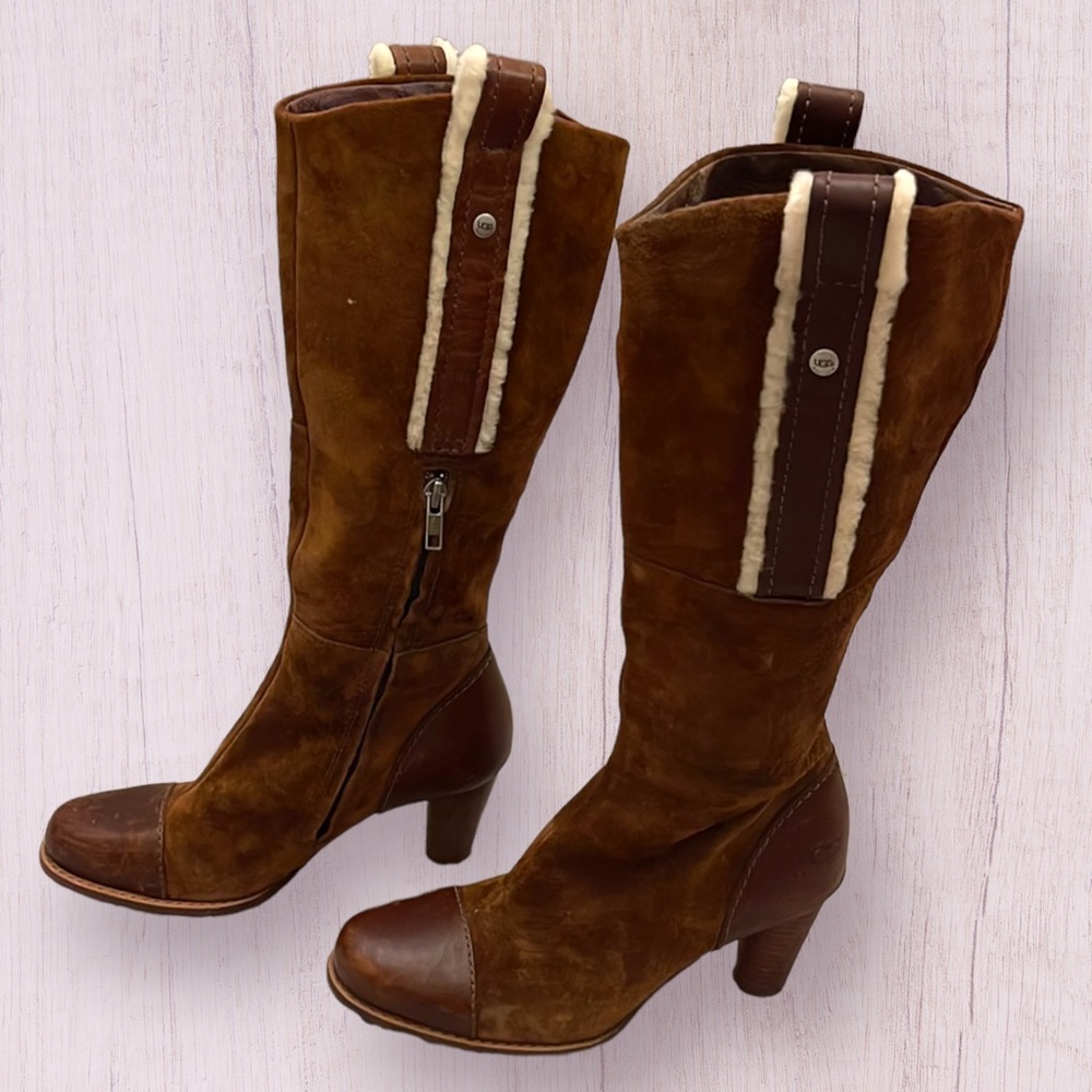 Ugg Tess Chocolate Brown Suede Leather Boots Size 7 Heel